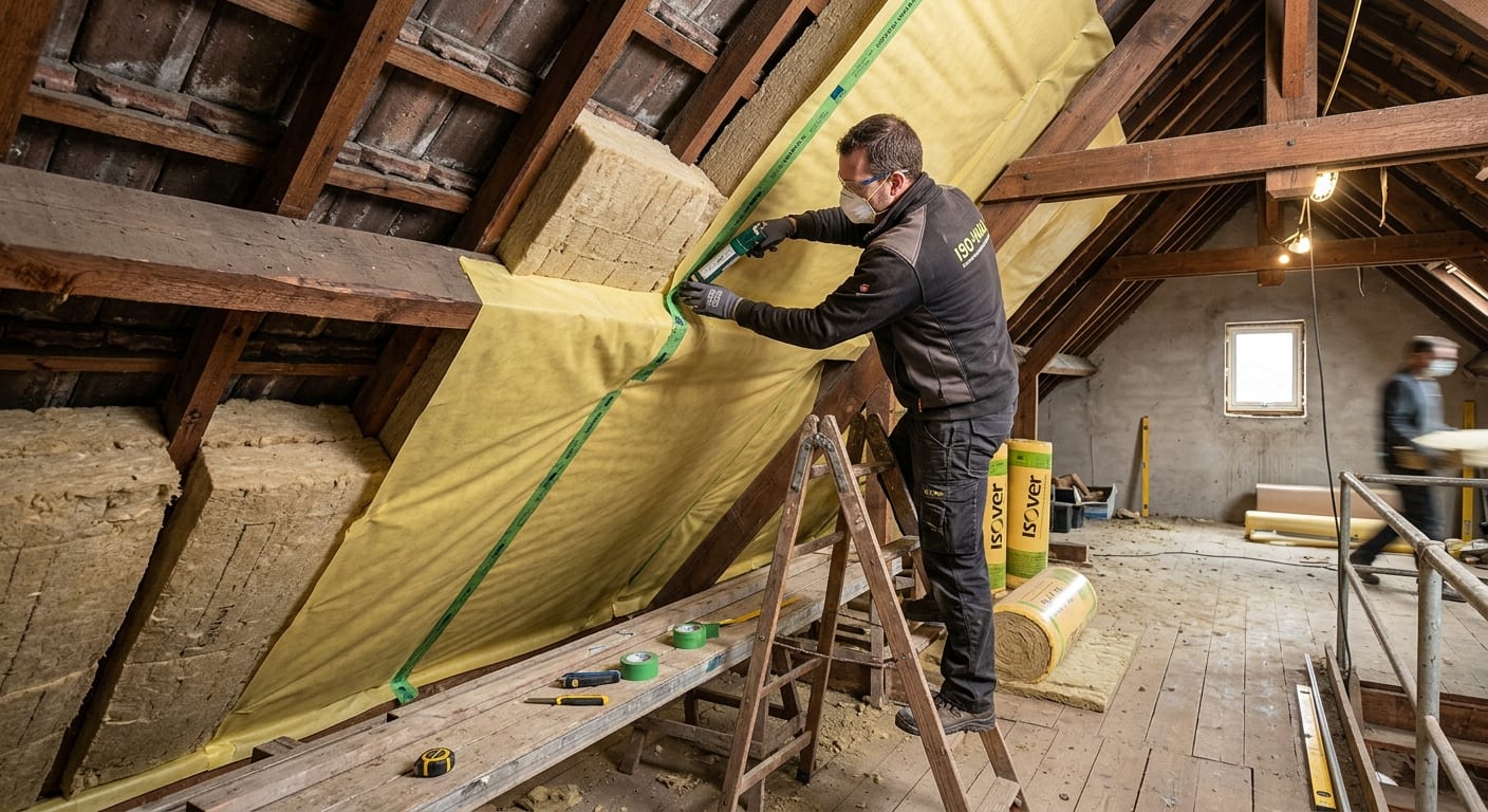 Pose d'isolation thermique sous rampants d'une toiture intérieure avec étanchéité soignée dans une maison wallonne